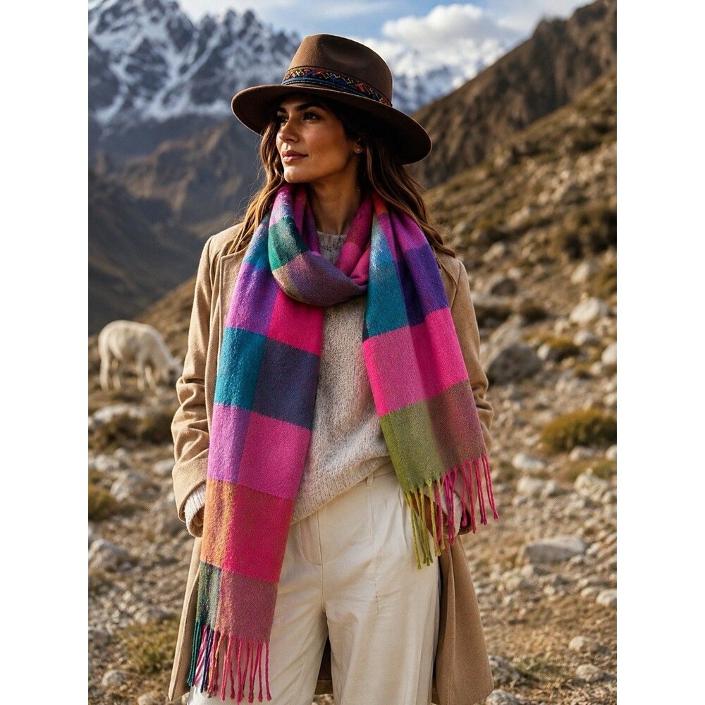 100% Cashmere Hand Tailored Scarf Made Germany Color Block Pink Teal Fringe Wrap